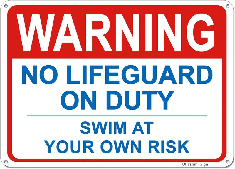 Uflashmi Warning No Lifeguard On Duty Pool Sign, Swim at Your Own Risk Sign, Metal Pool Signs for Outdoor, 10X14 Inch - Image 1